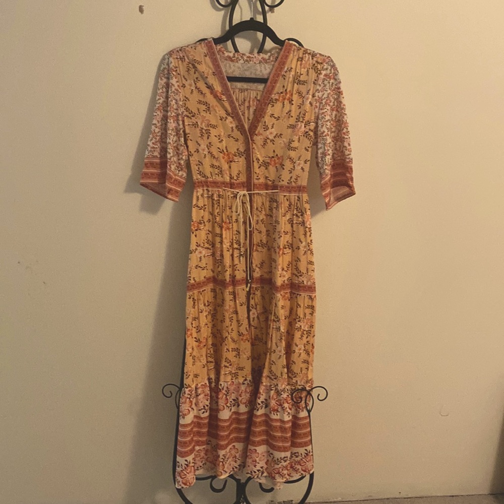 Peach floral maxi dress with buttons and tie waist
